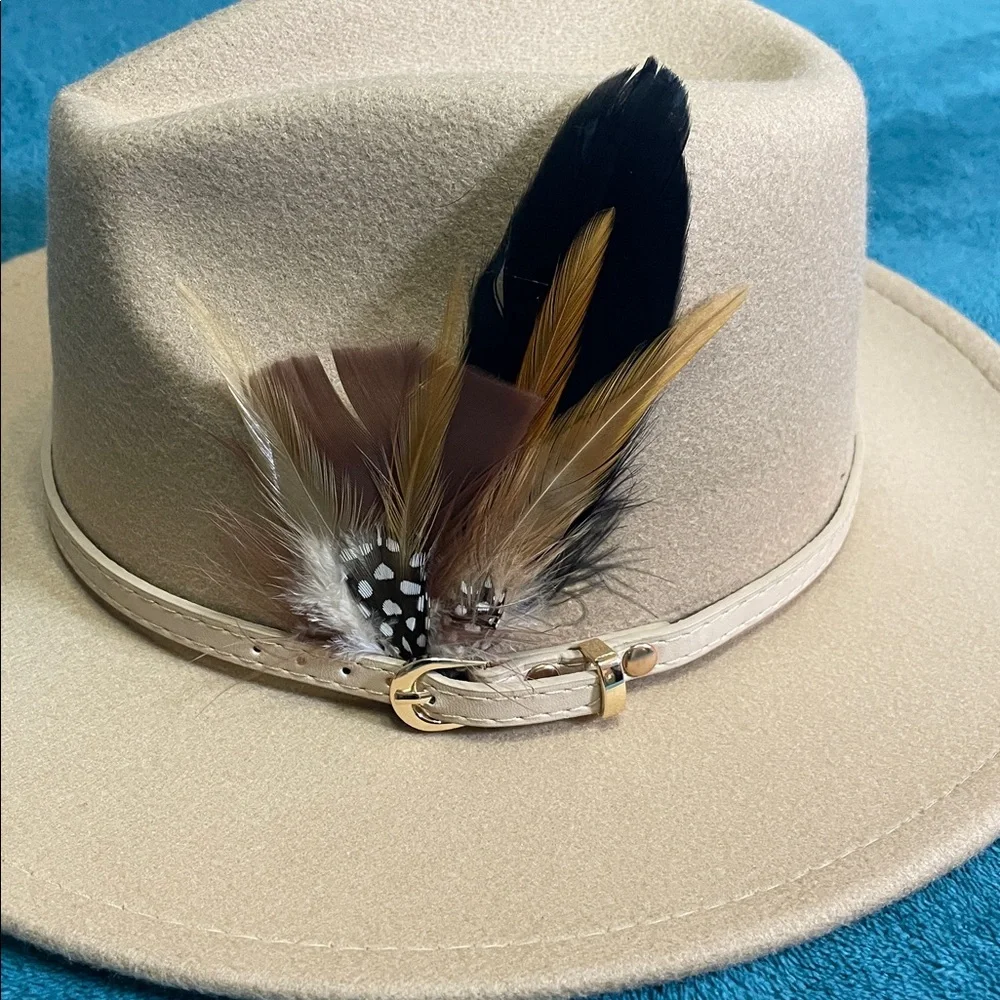 Tan Women's Felt Fedora Western Cowboy Hat White Belt Double Brown Feathers